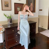 LIZAKOSHT - Sexy Lace Sleeveless Ice Silk Nightgown Women Summer Princess Sleepwear Elegant Nighty Sweet Nightdress Satin Long Night Dress