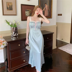LIZAKOSHT - Sexy Lace Sleeveless Ice Silk Nightgown Women Summer Princess Sleepwear Elegant Nighty Sweet Nightdress Satin Long Night Dress