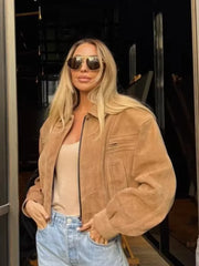 LIZAKOSHT  -  Elegant Camel Cropped Suede Jacket Women Lapel Full Sleeve Pocket Zipper Short Coat New Causal Autumn Lady Daily Streetwear 2025