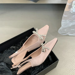 LIZAKOSHT  -  Open Heel Shoes Heels Sandals Ladies Slingback Crystal Beige Closed Small African Summer Retro Spring Latest Bow High Scand