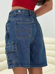 LIZAKOSHT  -  2000s Retro Y2K Denim Shorts Women Loose Mid Rise Cargo Long Jeans Shorts Summer Wide Leg Distressed Carpenter Denim Pants
