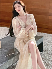 LIZAKOSHT - France Elegant Two Pieces Dress Set Women Print Party Beach Dress Female Vintage Suspender Dress + Strappy Long Cardigan Holiday