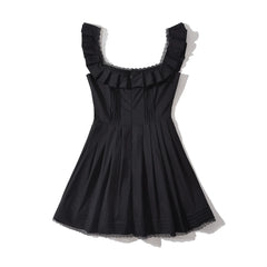 LIZAKOSHT - Woman Sleeveless A line Mini Robe Sexy Black Spliced Lace Square Collar Ruffles Wood ears Strap Corset Style Sling Dress