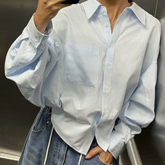 LIZAKOSHT - Spring 2024 Women Blue Striped Short Shirt Blouse Sexy Backless Lapel Streetwear Ladies Shirts Batwing Sleeve Blusas Mujer