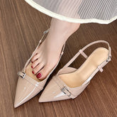 LIZAKOSHT - pointed toe japanned leather women sandals metal buckle slingback high heels summer shoes woman cutout sandalias de tacón