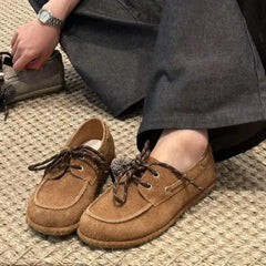 LIZAKOSHT - Spring Autumn Round Toe Women Loafers New Cow Suede Lace Up Flat Shoes Casual Versatile Doudou Shoes Soft Soled Lady Shoes