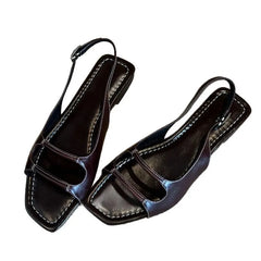 LIZAKOSHT - Designer Retro Summer Buckle Sandals French Elegant Women Flat Sandals Beach Square Toe Roman Shoes Ladies