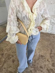 LIZAKOSHT - Chic Cascading Ruffle Top For Women V-neck Long Sleeve Hollow Out Lace Up Transparent Shirt 2025 Summer Female Casual Outerwear