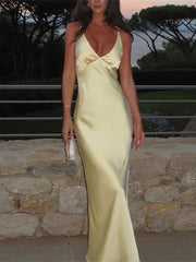 LIZAKOSHT - Silk Satin Glossy Slip Dress V-Neck Solid Color Drape Suspender Slim Fit Sexy Backless Strap Robes Women Halter Long Dresses