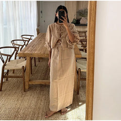 LIZAKOSHT - Fashion O-neck Lace-up Shirt Skirt Sets Lady Causal Long Lantern Sleeves Maxi Skirt Suits 2024 Loose High Street 2 Piece Outfit