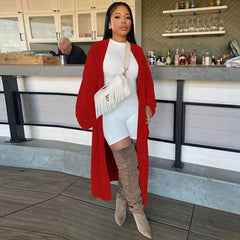 LIZAKOSHT - Women Solid Ribbed Knitted Long Cardigans Fashion Long Sleeve Open Stitch Pockets Loose Casual Streetwear Coats Sweaters Jackets