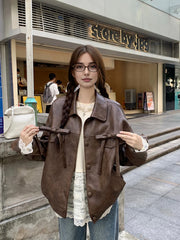 LIZAKOSHT - Women's Vintage Bow Tie Leather Jacket Drop Sleeve Casual Loose Cargo Motorcycle PU Leather Coat Turn Down Collar