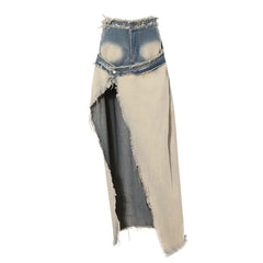 LIZAKOSHT - Denim Split Skirt Distressed Gradient Raw Edge For Women Bag Buttocks Slimming Long Skirts American Retro Spicy Girl Long Skirt
