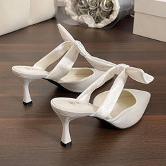 LIZAKOSHT - Silver Mules Women's Ribbon Bowknot Silk High Heels Slippers Pointed Toe Kitten Tacones Femme Party Wedding Shoes Ladies Sandals