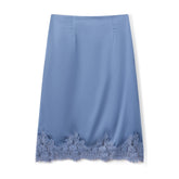 LIZAKOSHT - Women Satin Lace Trim Maxi Skirt Silk Lace Patchwork Silk High Waist Midi Skirt Lady Flowy Work Half Slip Long Skirt