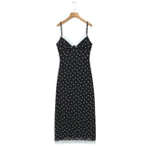 LIZAKOSHT - Sexy Coffee Polka Dot Print Spliced Lace V Collar Sling Dress Women Lacing up Strap Backless Long Dresses Femme Vestidos Robe