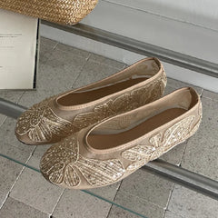LIZAKOSHT - BIG Size 43 Sequin Fabric Breathable Mesh Flat Heels Women Shoes Fashion Elegant Cozy Mary Jane Ballet Sandals