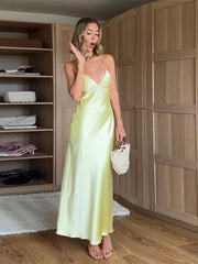 LIZAKOSHT - Silk Satin Glossy Slip Dress V-Neck Solid Color Drape Suspender Slim Fit Sexy Backless Strap Robes Women Halter Long Dresses