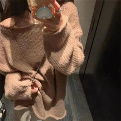 LIZAKOSHT  -  Fall Winter New French Lazy Style Rolled Edge Thick Needle Pullover Sweater Design Loose Knit Sweater Tops Female Jumpers