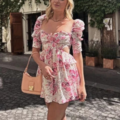 LIZAKOSHT - Sexy Backless Hollow Out Waist Mini Dress Women Robe Vintage Short Sleeve Floral Print Boho Dress Summer Party Vestidos