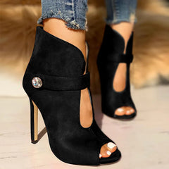 LIZAKOSHT - Suede Stiletto Heels Peep Toe Women Sandals Shoes Sexy Women's Buckle Metal Decoration Sandals