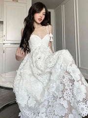 LIZAKOSHT - Classic Style White Suspender Dress Women's Summer New Seaside Holiday Slim Looking Long