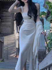 LIZAKOSHT Midi Dress Women Elegant Summer Folds Fashion Evening Party Lady Vestido Vintage Spring Female Clothing Solid Satin Dresses