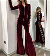 LIZAKOSHT - Fashion Velvet Splicing Print Long Sleeve Wide Leg Jumpsuit