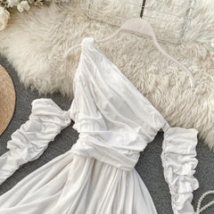 LIZAKOSHT  -  Dress Folds Long Sleeve Party A-Line Dress Women Sexy Slim Waist And Slimming Korean Vintage 2024 New Fashion Women Dress