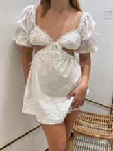 LIZAKOSHT - Woman Short Puff Sleeve V neck White Holiday Cotton Robe Sexy Embroidery Hollow Out Flower Slit Waist Backless Mini Dress