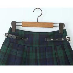 LIZAKOSHT - Y2K Women With Belt High Waist Plaid Skirt Lace Trim Summer Female A-line Mini Skirts