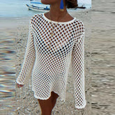 LIZAKOSHT - Seaside Hollow Out One Piece Vacation Covers Summer Solid knitted Fish Mesh Pullover Tops 2025 Long Sleeve White Full Dresses
