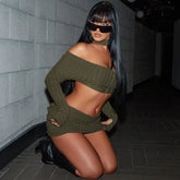 Lizakosht 2 Pieces Set Ribbed Slash Neck Long Sleeve Sexy Slim Crop Top Skirt Matching Sets Autumn Spring Fashion Party Outfit Skirts Set