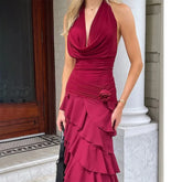 LIZAKOSHT - Elegant Burgundy Dresses 2025 Summer Layered One Piece Prom Dress Midi Ruffled Sleeveless Backless Halter Dresses Evening Party