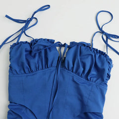 LIZAKOSHT - Party Club Bandage Slim Ruched Sexy Bodycon Dress Pleated Low Chest Patchwork Spaghetti Strap Missnight