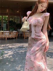 LIZAKOSHT - Bowtie floral V-neck flying sleeve dress for women summer pink gentle long dress slim waist A-line Dress 2024 New