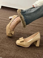 LIZAKOSHT - Women's Summer Footwear White Pumps Shoes for Woman 2024 on Heeled Chunky Heels Block Heel High with Bow Office Square Toe Young