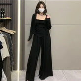 LIZAKOSHT  -  Lazy Casual Suit for Women  Spring Autumn New Long Sleeve Cardigan+ Irregular Camisole Vest+ High Waist Wide Leg Pants