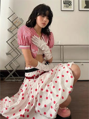 LIZAKOSHT - Y2k Red Wave Point Bubble Skirt for Women Mid-length Loose Harajuku Skirts 2025 New High Waist All-match Faldas Mujer