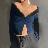 LIZAKOSHT - Autumn Long Sleeve Button Up Cropped Cardigan Women Off Shoulder Fur Collar Patchwork New Fairy Y2k Fashion Knitted Sweater Tops