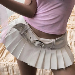 LIZAKOSHT - American Miniskirt Hot Girl Belt Denim Pleated Skirt Low Waist Overskirt Slim Legs Long Hot Girl