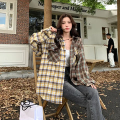 LIZAKOSHT - Vintage Plaid Patchwork Shirt Spring Autumn Women's New High Street Versatile Cardigan Fashion Loose Y2K Top