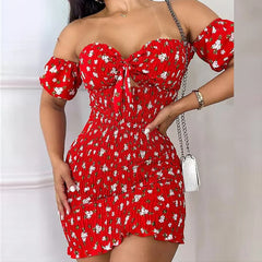 LIZAKOSHT - Female 2024 Floral Print Elastic Hollow Mini Dress Chic Women New Short Dress Sexy Summer Short Sleeve Off Shoulder Wrap Dresses