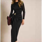 LIZAKOSHT - Spring 2026 New Spliced Mesh Sleeve Metal Buckle Decoration Fashionable Foreign Style Dress