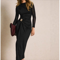 LIZAKOSHT - Spring 2026 New Spliced Mesh Sleeve Metal Buckle Decoration Fashionable Foreign Style Dress