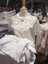 LIZAKOSHT - New Cat With Bow Embroidery Tshirt Woman Lace Trim Turn Down Collar Single Brested Shirts White Cotton Cute Puff Sleeve Tee Tops