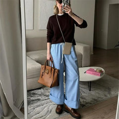 LIZAKOSHT - Women's Straight Wide Leg Pants Y2K Vintage Drawstring Elastic Waist Striped Print Boxer Pants Casual Lounge Trousers