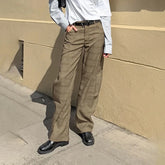 LIZAKOSHT - Retro Fashion Street Trousers For Women 2026 Plaid Printing High Waisted Loose Fit Curved Shaped Pants Casual Commuter Wear
