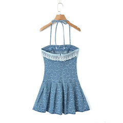 LIZAKOSHT - Summer 2024 Elegant White Lace Patchwork Denim Women's Dress Sexy Halter Strapless Hem Pleated Mini Dress
