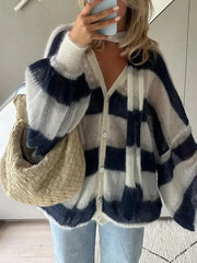 LIZAKOSHT - Vintage Contrast Striped Women Knit Cardigan Scarf Casual New Lady Fashion V Neck Lantern Sleeved Sweater Coat Cardigan